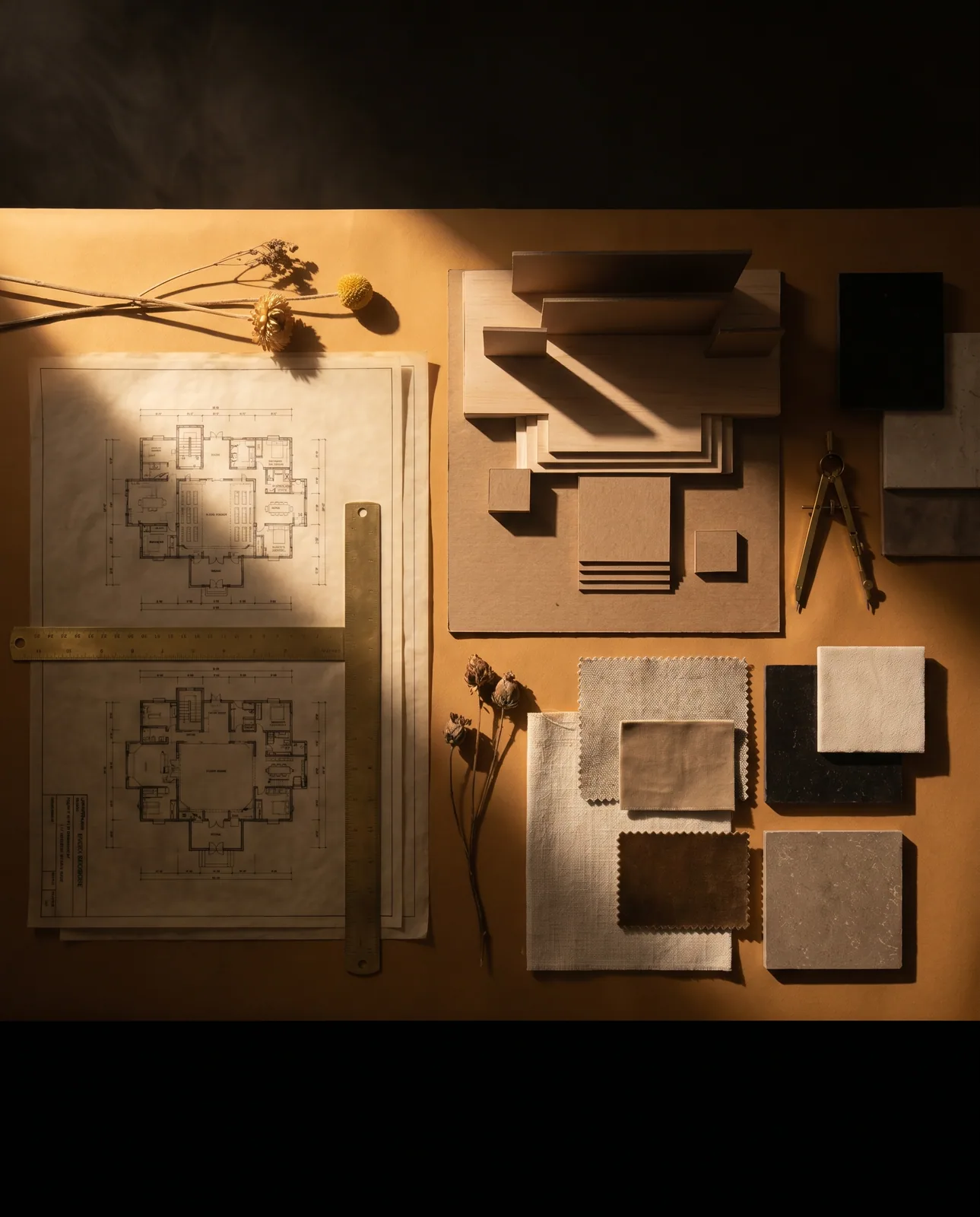 Event design plans and a scale model on a studio table