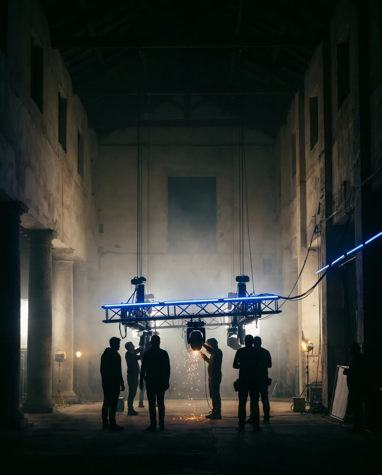 Production crew rigging a lighting truss